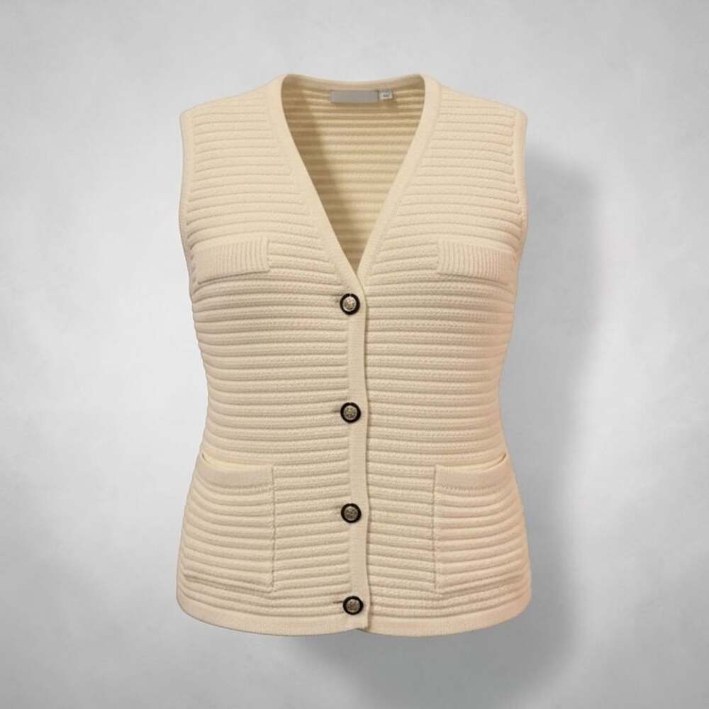 Joie Women’s M Ivory Knit Sweater Vest 4 Pocket Button Front Preppy Cardigan